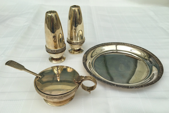 Vintage Assorted Condiment Pieces Salt & Pepper Pots, Mustard Pot & Silver Spoon On Epns Tray
