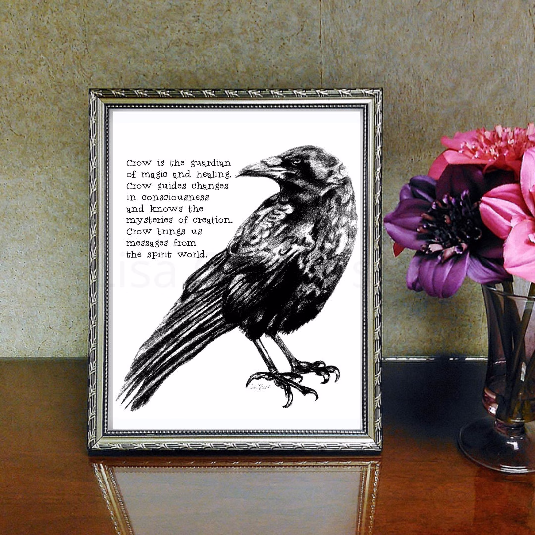 Crow Totem Print, Crow Spirit Animal, Medicine, Magic & Healing, Messages, World, Black Bird, White, Wildlife Art