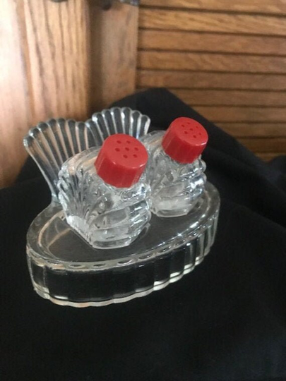 Vintage Art Deco Salt Pepper Set Glass Holder Bakelite Lids Mid Century Kitchenware Table Service