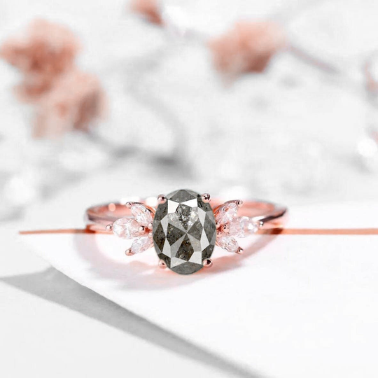 Oval Salt & Pepper Diamond Engagement Ring in 9K/14K/ 18K Or Rose Gold Platinum | 7x5mm Bridal Birthstone For Her