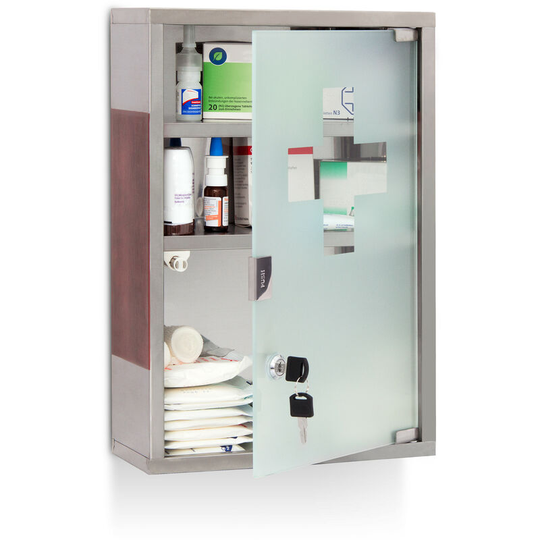 Emergency xl Medicine Cabinet, Stainless Steel & Wood, Wide, Size: 45 x 30 x 12 cm, 3 Shelves, Lockable, w/ 2 Keys, Silver / Brown - Relaxdays