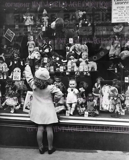 Adorable 1930's Photo Of A Little Girl in Front Toy Shop Window Christmas Season Winter Solstice Holiday 5x7 Greeting Card
