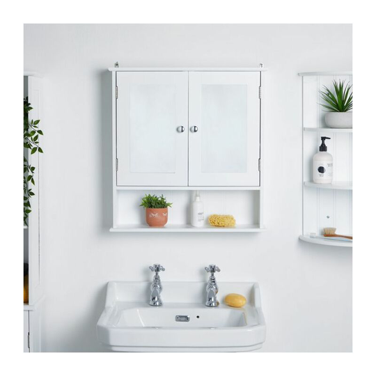 Bathroom Cabinet with Mirror - White Double Door Wall Mounted Storage Cupboard - Wooden Medicine Cabinet with 4 Shelves - Shaker Style Bathroom
