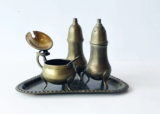 Antique Salt & Pepper Shakers Set, Brass Spices Vintage Cellar Set