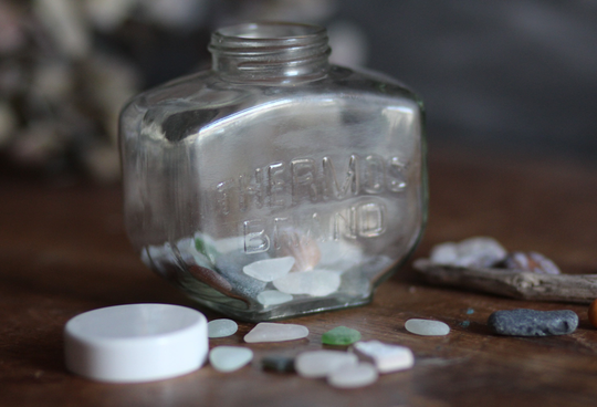 Vintage Themos Brand' Storage Jar. Glass Bottle. With Lid. Small Storage. Trinket Container. Wide Necked. Circa 1960S