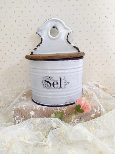 Antique French Salt Box, Vintage Enamel Box