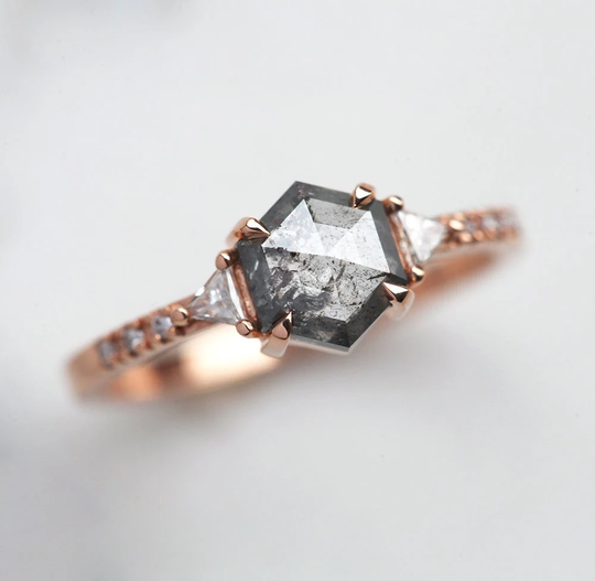 Salt & Pepper Diamond Ring, Galaxy Engagement Hexagon Rose Gold Gray Ring