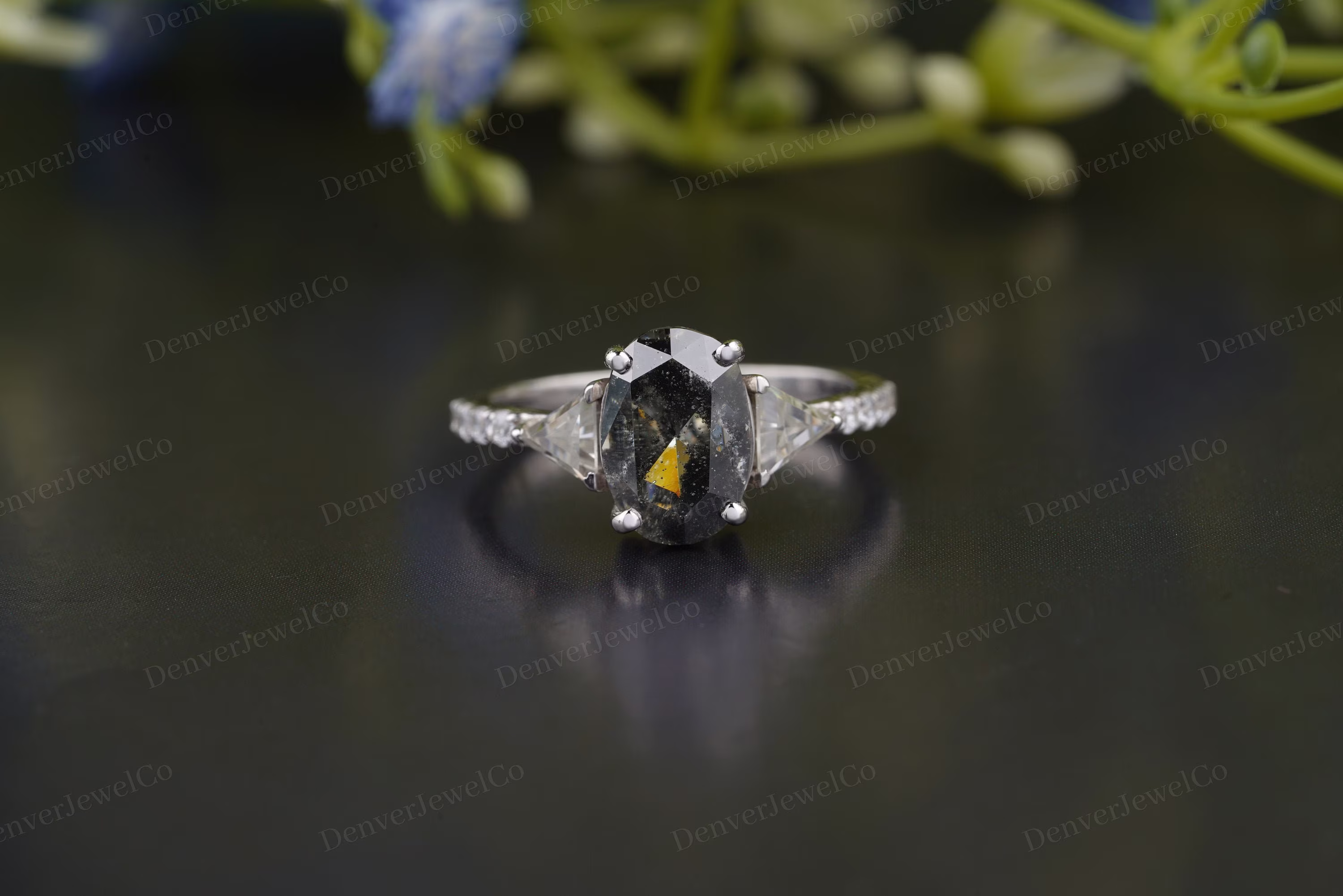 Grey Diamond Wedding Ring in White Gold, Oval Salt & Pepper Ring, Unique 3 Stone Engagement Rings Moissanite Triangle
