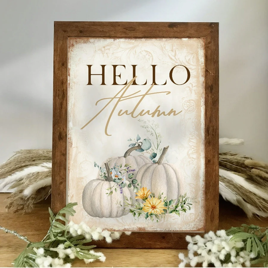 Rustic Hello Autumn Print, Pumpkin Sign, Farmhouse Decor, Seasonal Home Wall Art, Neutral Decor