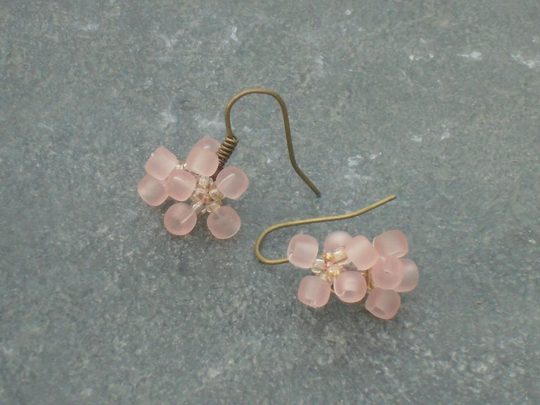 Quince Blossom Earrings, Seed Bead Flower in Pink, Bronze, & Pale Yellow Czech Seed Beads, UK Seller