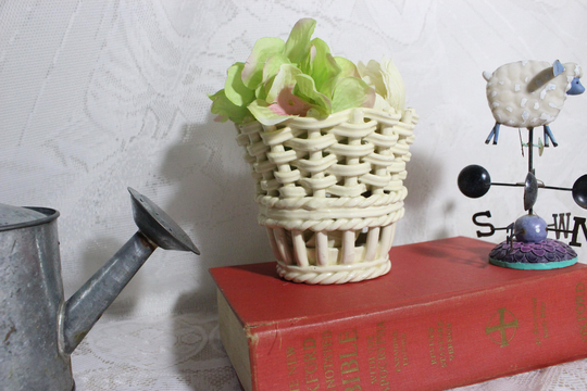 Vintage Italian Pottery Ceramic Weaved Planter, Handmade Basket Candle Holder, Made in Italy