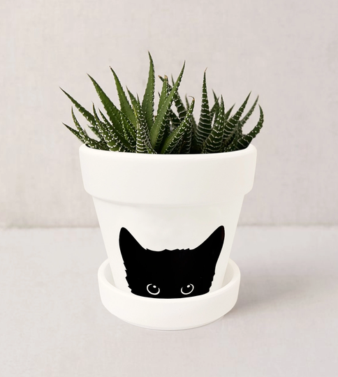 Black Cat Indoor Plant Pot | Witchy Decor Gothic Mystical Succulent Planter with Saucer Not Included | Matte White