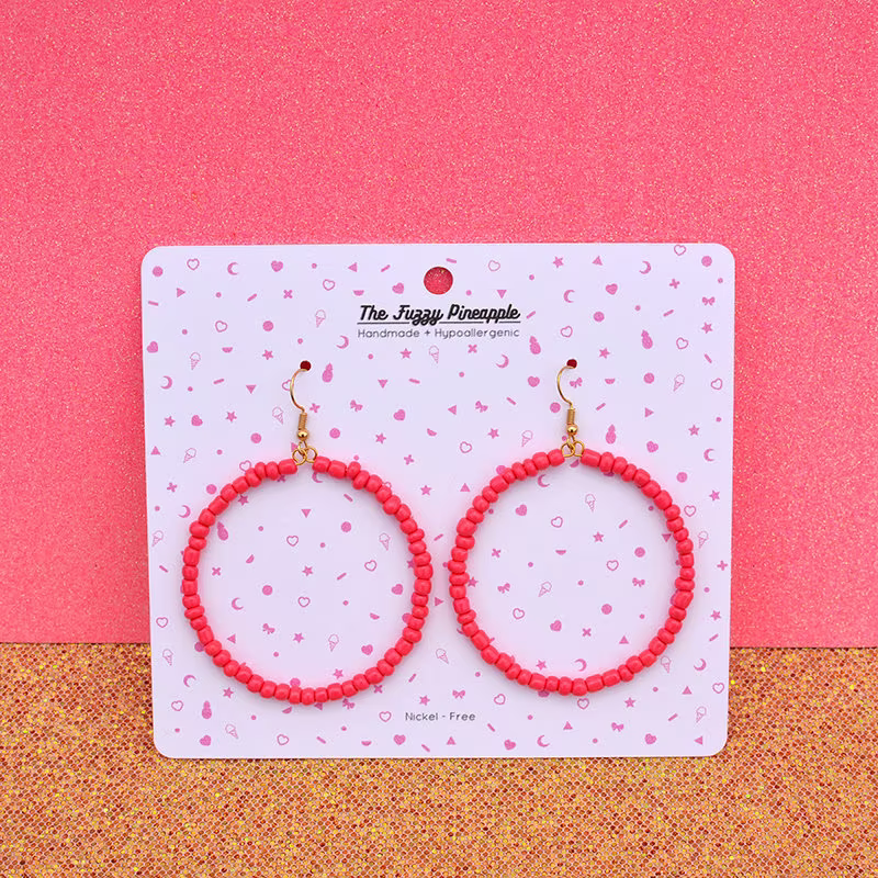 strawberry Pink Seed Bead Hoop Earrings By The Fuzzy Pineapple Dangle Drop Bohemian Bright Hot Boho Glass Beaded
