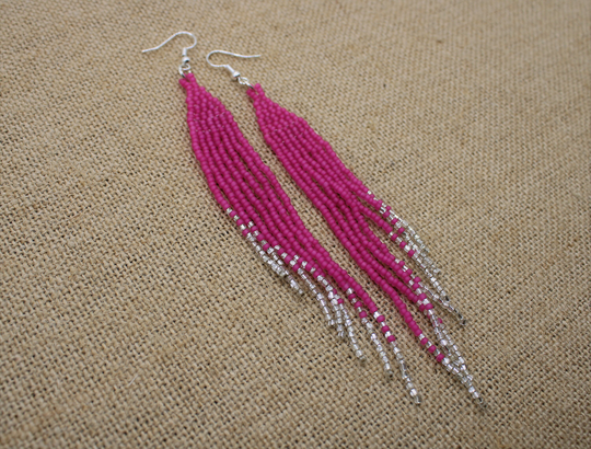 Neon Pink Seed Bead Statement Earrings With Silver Tone Finish