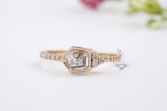 Simple Everyday Diamond Ring | 14Kt Rose Gold Engagement Unique Wedding Raw Uncut Pentagon Salt & Pepper