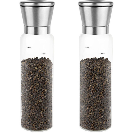 Premium Stainless Steel Salt and Pepper Grinder Set of 2 Borosilicate Glass Jar-Adjustable Clear Pepper 2pcs500ml ceramic core