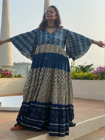 Organic 5-Tiered Dress - Hand-Blocked Ivory Indigo Blue Maxi Tier Dress Cotton