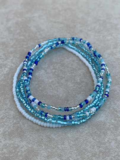 11/0 Sparkling Shores Tiny Stretch Seed Bead Bracelets, Dainty Blue, White & Crystal Mix Stackable Bracelets