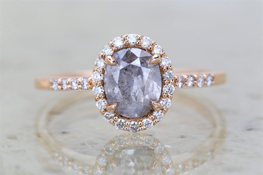 Salt & Pepper Diamond Ring, Oval Halo Engagement 14K Rose Gold Wedding Gift For Her, Anniversary