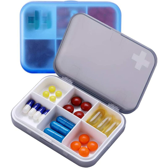 2PCS Portable Travel Pill Organizer Case for Pocket or Purse Cute Small Daily High Quality Pill Box Blue+Gray (6 Compartments)