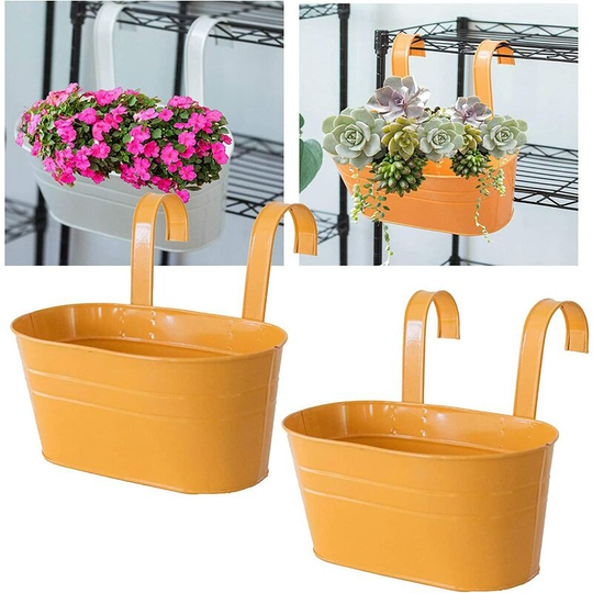 Pesce - 2Pack Metal Iron Hanging Flower Pots, Balcony Railing Hanging Plant Pot with Detachable Hook, Metal Fence Bucket Planters Hanging Deck Flower
