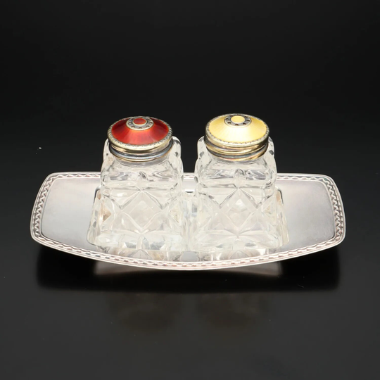 David Andersen X Hroar Prydz - Boxed Set Norwegian Crystal, Vermeil Silver & Guilloche Enamel Topped Salt & Pepper Shakers On Tray