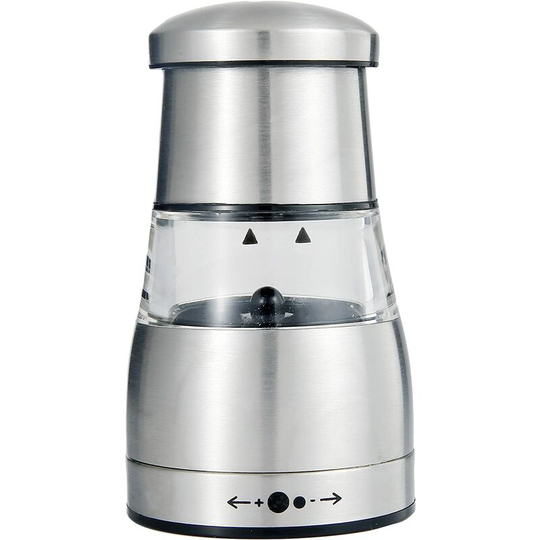 Manual and elegant pepper or salt mill with grind adjustment, good grip, stainless steel body and large capacity tank