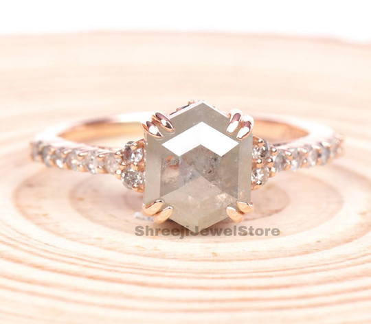Salt & Pepper Diamond Ring | Minimalist Hexagon Shape Unique Engagement Galaxy J0018