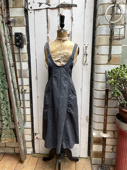 Antique Vintage French Dark Grey Salt & Pepper Cotton Apron Size S