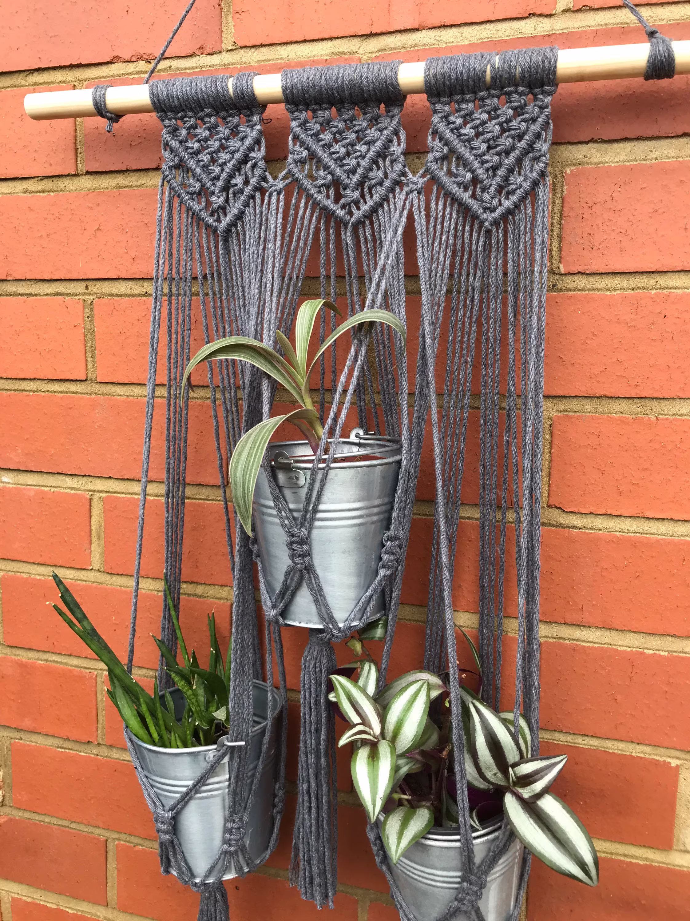 Grey Triple Macrame Plant Holder, Multiple Hanger, Wall Decor Indoor Planter, Houseplant