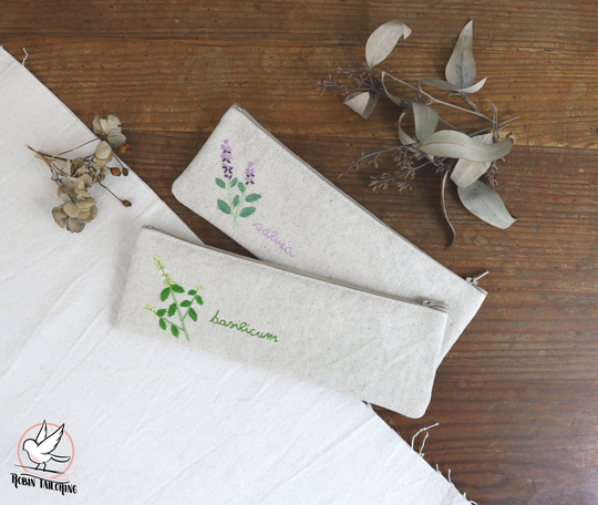 Embroidered Cotton Pencil Case Or Makeup Brushes Organizer With Garden Herbs, Cosmetic Travel Bag Hand Embroidery
