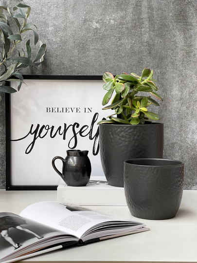 Indoor Matte Black Ceramic Planter, Matching Plant Pots, 2 Sizes 12cm/16cm