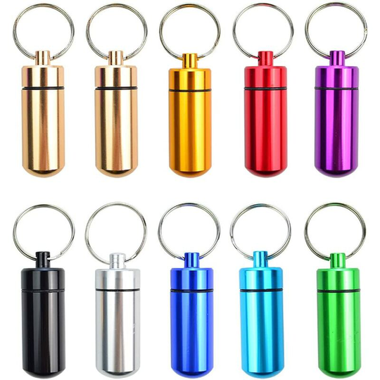 10 Pack Portable Pill Box, Waterproof Aluminum Medicine Storage Container with Key Ring for Outdoor Camping, Multicolor