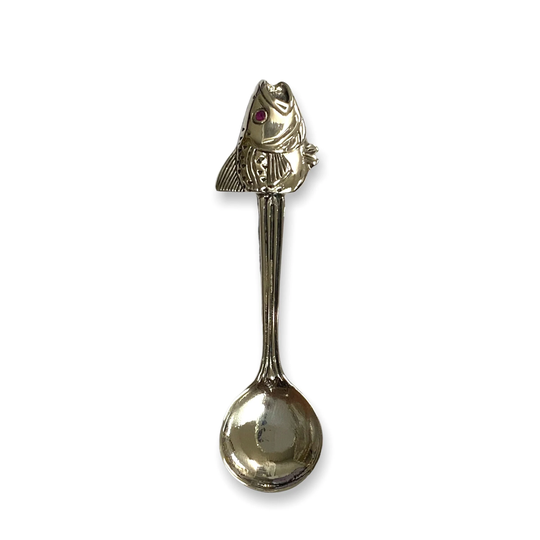 Victorian Style Fish Head Salt Spoon With Ruby Stone 925 Sterling Sliver