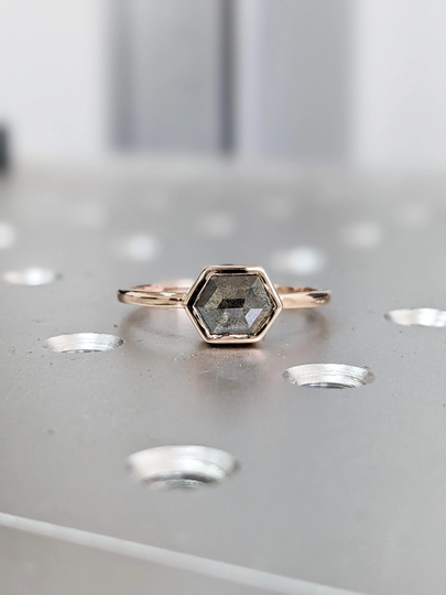 Minimalist, Engagement Ring, Diamond Hexagon Diamond, Genuine Salt & Pepper, Solid Gold, Jewelry, Stacking