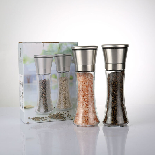 Sun Flowergb - Stainless Steel Pepper Mill, 2 Manual Adjustable Ceramic Grinder, Spice Grinder with Glass Body, for Herbs Suitable for Coarse Sea