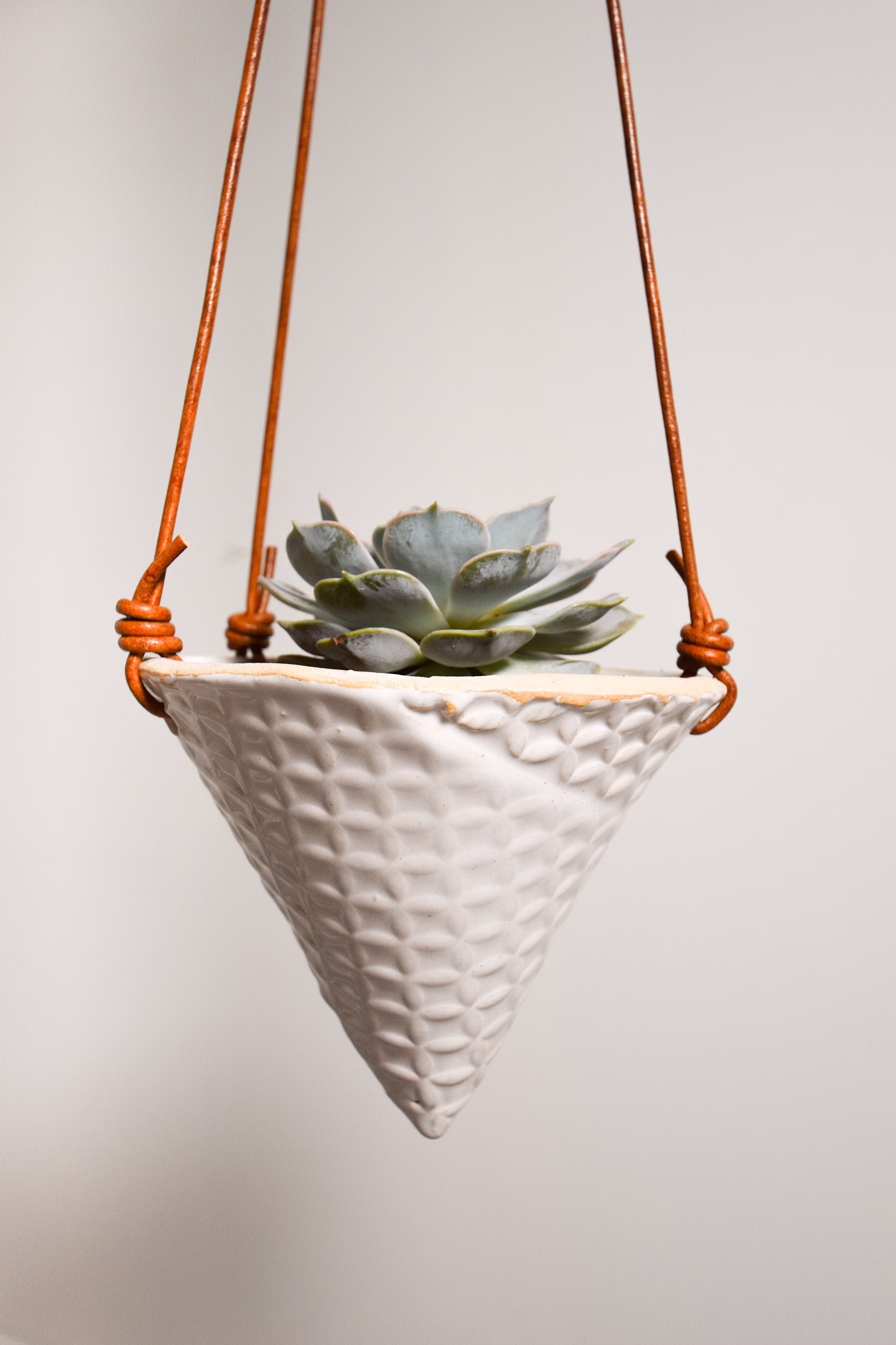Ceramic Cone Plant Hanging Pot With Leather Cord On Natural Wooden Ring | Conical Planter Succulent & Air Holder Hanging Cone