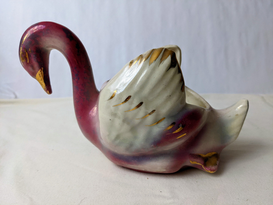 Vintage 1950S, Iridescent Pink Swan Planter. Pearlescent Ceramic Glaze With 22K Hand Painted Gold Trim. Mid Century Usa Pottery. 9