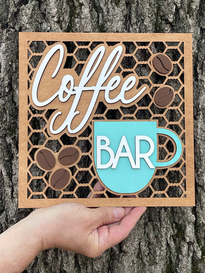 Coffee Bar Layered Sign Farm Country Chic Farmhouse Decor Mug Bean Chicken Wire Honeycomb Herber Studios Kitchen Office Gift