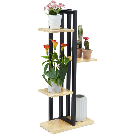 Relaxdays - Metal Flower Stand, 4-Tier Indoor Pot Shelf Ladder, Wooden Look, 93 x 42.5 x 22.5 cm, Plant Rack, Light Brown