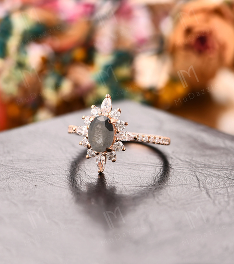 Antique Grey Diamond Ring// 1.0Ct Oval Shape Salt & Pepper Wedding Engagement Ring 18K Solid Gold//Women's Ring/Natural