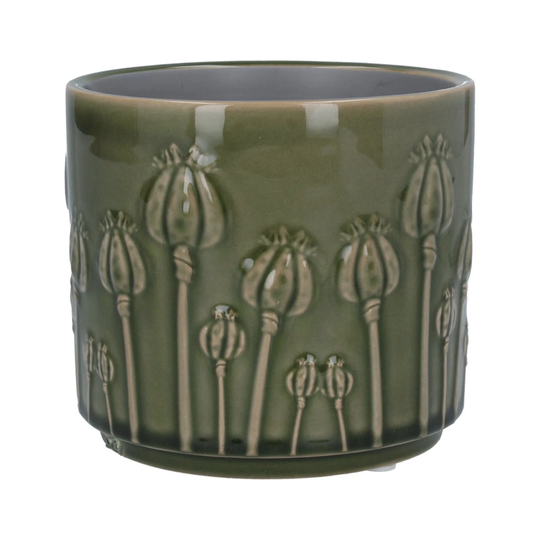 Green Plant Pot Cover - Flower Pattern Planter Glazed Ceramic Holder Embossed Poppy Heads Indoor House