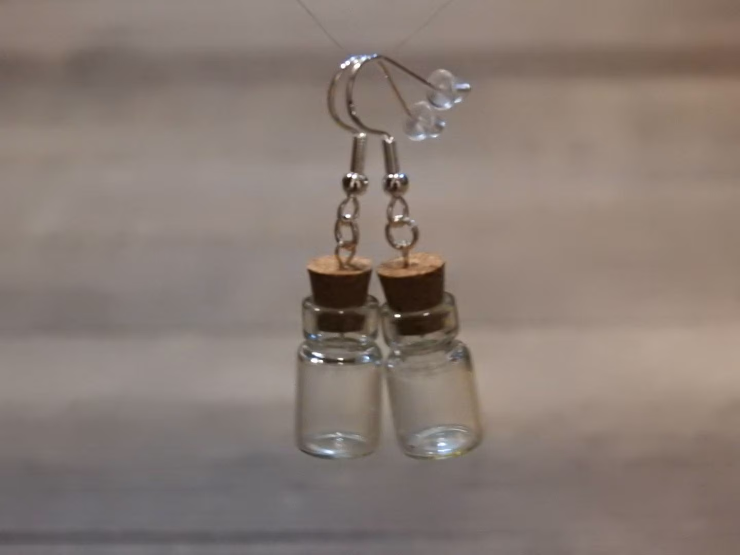 Bottle Earrings Tiny Empty Clear Glass Bottle Dangle Charm With Cork Lid Sterling Silver Plated .5 Ml Height 23mm B