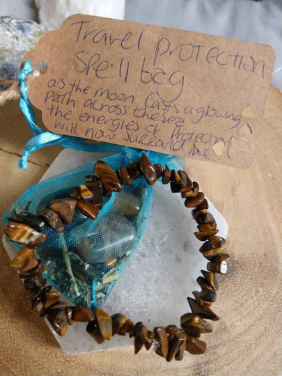 Travel Protection Spell Bag With Tigers Eye & Moonstone Tumble Stones, Mugwort Chip Bracelet