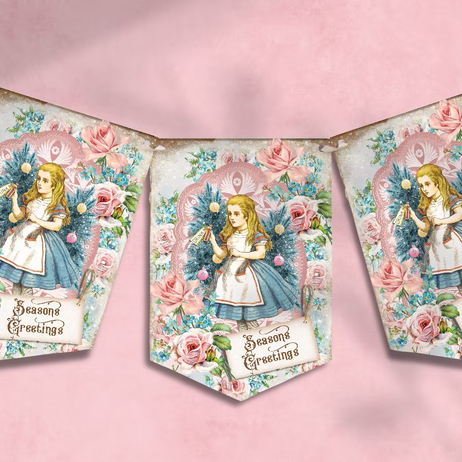 Alice in Wonderland Christmas Bunting, Seasons Greetings, Decorations, Mad Hatter, Bunting