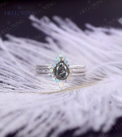 Salt & Pepper Diamond Engagement Ring Set White Gold Pear Cut Opal Wedding Band Vintage Hammered Bridal Promise Anniversary
