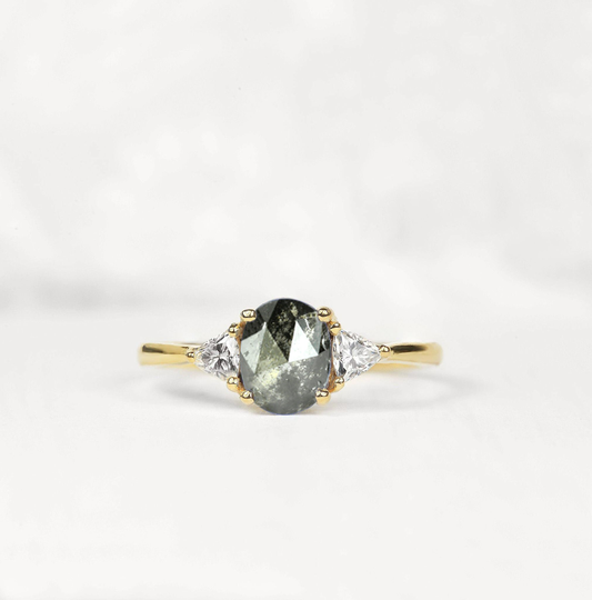 Oval Salt & Pepper Diamond Art Deco Ring | 9K/14K/18K Yellow, Rose, White Gold Vintage Inspired Trillion Solitaire
