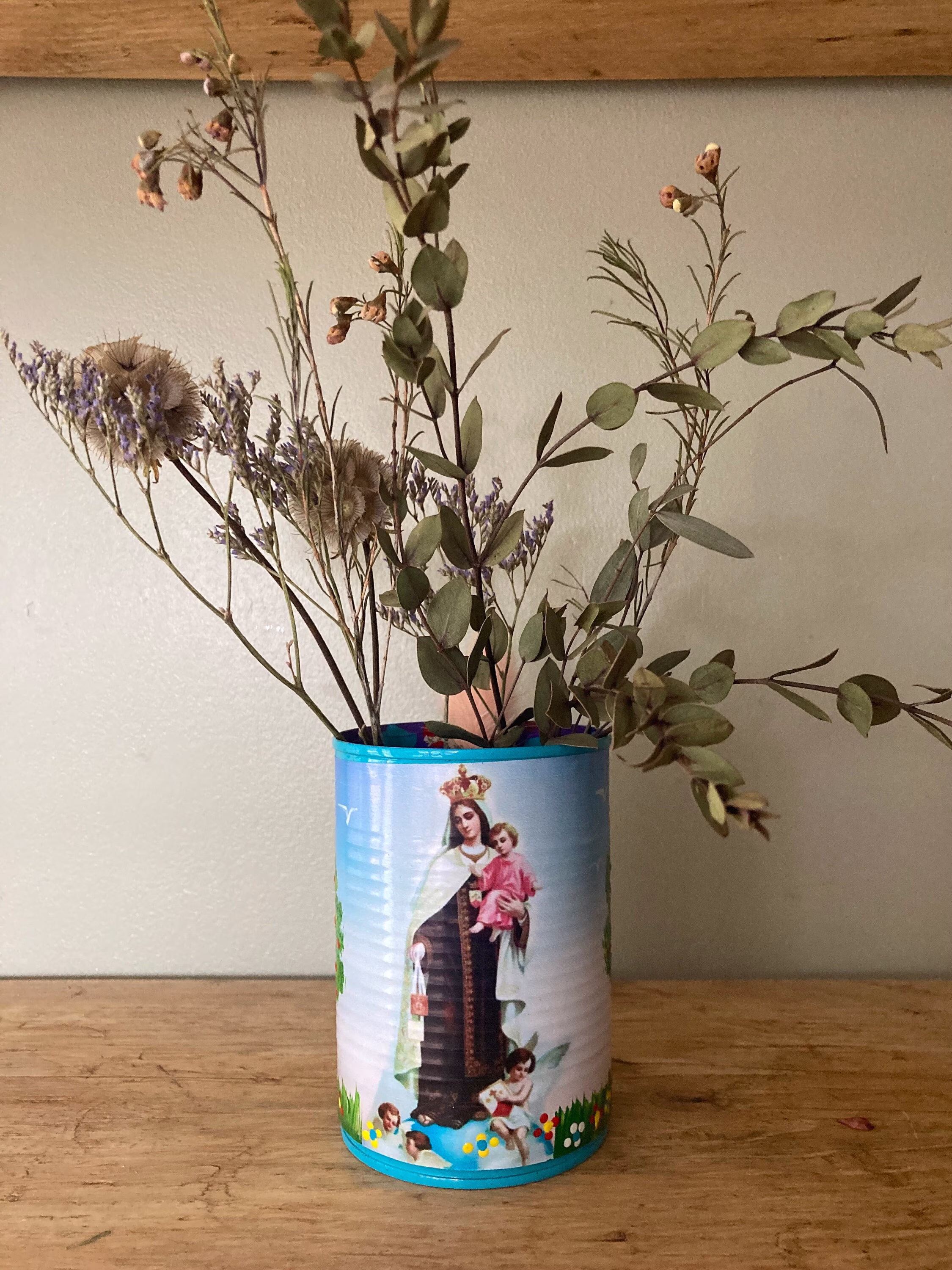 Vintage Mexican Print Recycled Can/Small Storage Tin Planter/ Virgin Mary Saint Goddess Gift Religious Kitsch. Guadalupe