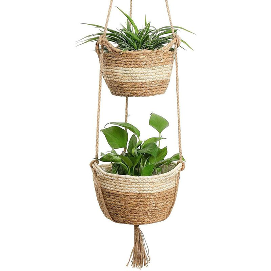 Readcly - Seagrass Hanging Planter Basket, 2 Size Indoor Outdoor Woven Flower Pot - Flower Pots Cover Storage Basket Plant Containers (Beige)