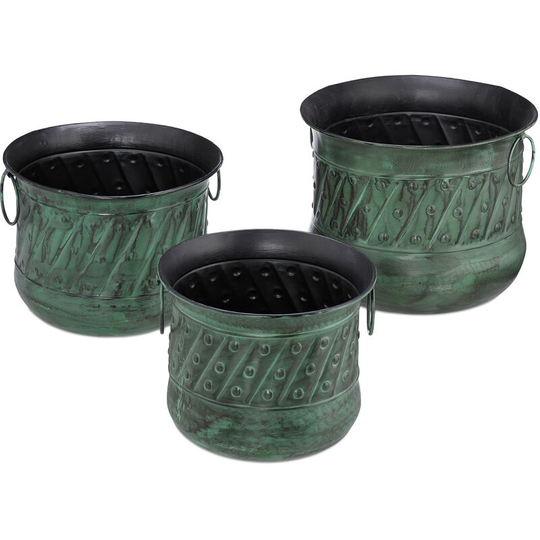 Set of 3 Antique Plant Pots, Decorative Planter, Handles, Planter, Vintage, Stackable, Iron, Green - Relaxdays